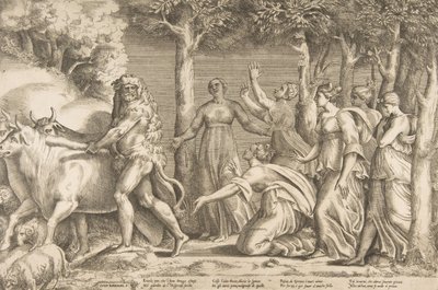 Hercule chassant le bétail de Géryon, à droite les nymphes des Hespérides, vers 1531-76 - Giulio Bonasone