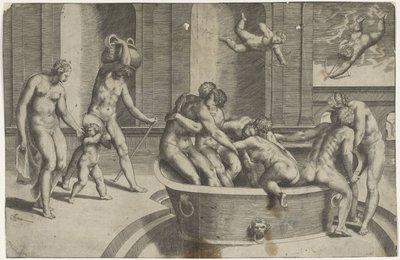 Hommes et femmes dans une grande baignoire - Giulio Bonasone