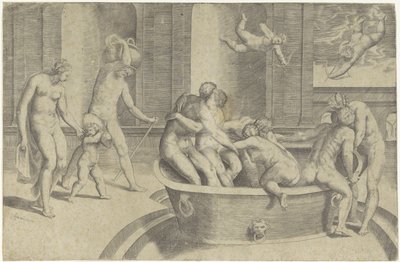 Hommes et femmes dans une grande baignoire - Giulio Bonasone