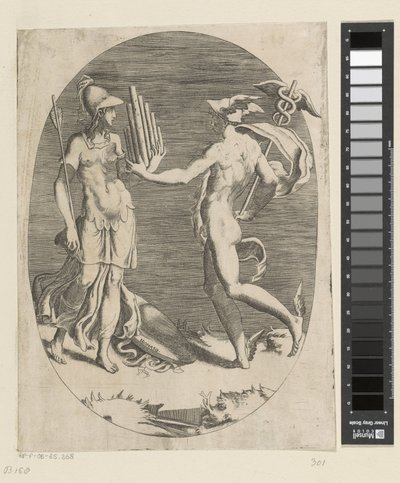 Mercure donne une flûte de Pan à Minerve - Giulio Bonasone