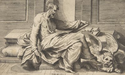 Saint Marc écrivant son Évangile, un lion ailé à droite - Giulio Bonasone