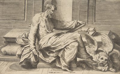 Saint Marc écrivant son évangile, lion ailé à droite - Giulio Bonasone