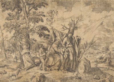Le Repos pendant la fuite en Égypte, Joseph à droite, la Vierge tient l