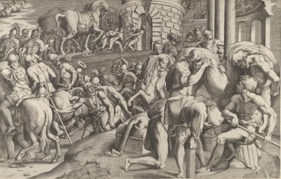 Les Troyens tirant le cheval de bois dans Troie, 1545 - Giulio Bonasone