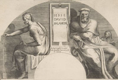 Les ancêtres du Christ flanquant une tablette inscrite, composition à sommet arqué, 1531-76 - Giulio Bonasone
