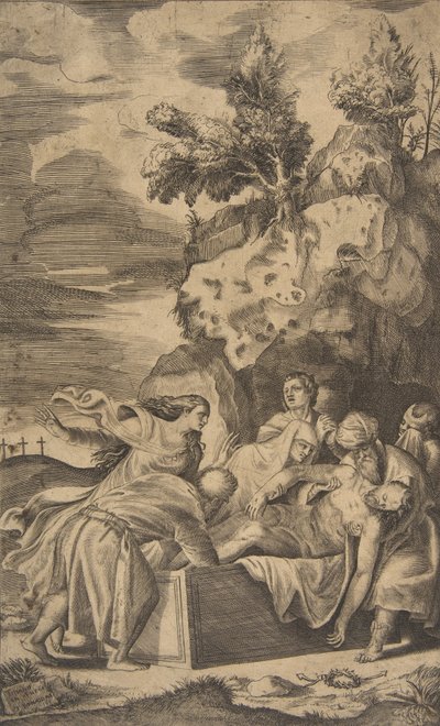 La mise au tombeau du Christ, les croix du Calvaire visibles en arrière-plan à gauche - Giulio Bonasone