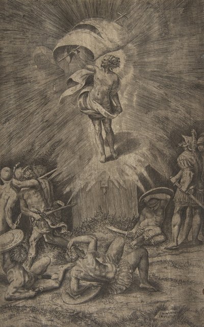 La résurrection du Christ, tenant une bannière dans sa main droite, des soldats entourant le t..., 1561 - Giulio Bonasone