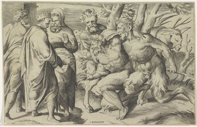 Deux satyres amènent Silène au roi Midas - Giulio Bonasone