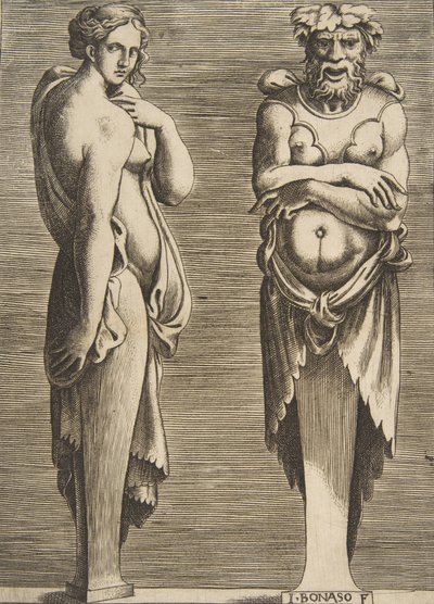 Deux termes, une nymphe à gauche Silvanus à droite, vers 1530-50 - Giulio Bonasone