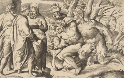 Deux satyres apportant Silène, le roi Midas debout à gauche, 1531-76 - Giulio Bonasone