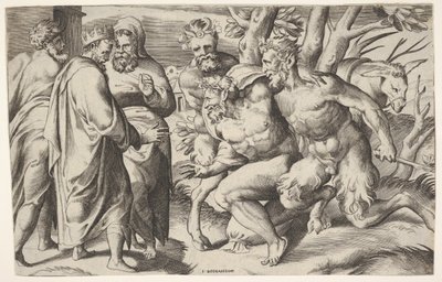 Deux satyres conduisant Silène au roi Midas, qui se tient à gauche avec deux assistants masculins - Giulio Bonasone
