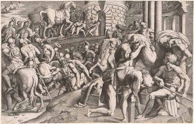 Les Troyens tirant le cheval de bois dans Troie - Giulio Bonasone, after Francesco Primaticcio