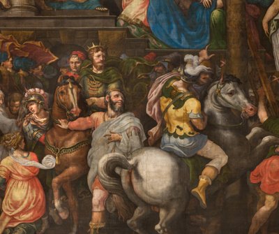 Mur en face de la contre-façade du transept sud, Giuseppe Campi, Triomphe de Mardochée 1567, (détail de la partie inférieure) - Giulio Campi