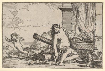 Le Feu, représenté par Vénus assise devant la forge de Vulcain, avec une armure, un canon, et... - Giulio Carpioni