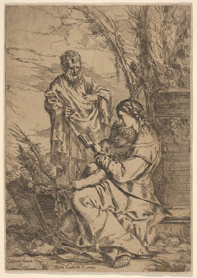Sainte Famille avec la Vierge lisant, la Vierge assise de profil avec un livre dans sa main gauche - Giulio Carpioni