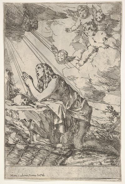 Madeleine pénitente agenouillée sur un sol rocheux devant un crâne et des os, une pommade..., vers 1640-55 - Giulio Carpioni