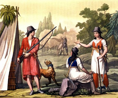 Boucanier et femmes flibustières : le pirate Jack Rackham dit le Rouge ou John Rackham, mieux connu sous le nom de Calico Jack (? -1720) représenté avec Anne Bonny (Bonney) et Mary (Marc) Read aux Antilles. Planche tirée de « Le costume ancien et moderne » - Giulio Ferrario