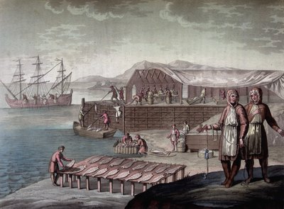 Pêche à la morue par les habitants de Terre-Neuve - dans "Le costume ancien et moderne" de Ferrario, éd. Milan - Giulio Ferrario