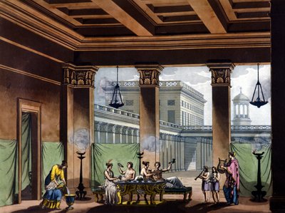 Triclinium avec lampes à huile allumées dans la Grèce antique : scène de banquet - dans Le costume ancien et moderne par Jules Ferrario, éd. Milan - Giulio Ferrario