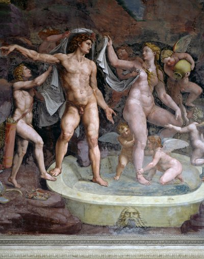 Bain de Mars et Vénus, fresque de Giulio Romano (1499-1546), mur nord de la Chambre de Cupidon et Psyché, Palazzo Te, Mantoue (Liste du patrimoine mondial de l