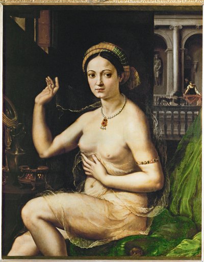 Dame à sa toilette (peinture sur toile) - Giulio Romano