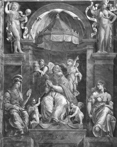 Le Pape Damase Ier (c.304-384) entre Prudence et Paix, Chambres de Raphaël - Giulio Romano