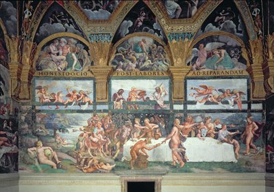 Le Banquet Rustique célébrant le mariage de Cupidon et Psyché, avec les trois lunettes au-dessus représentant l