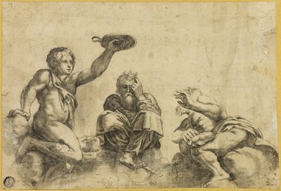 Le temps assis sur des nuages, flanqué de deux autres anges - Giulio Romano