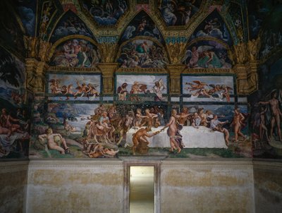 Festin de mariage ou Banquet des dieux, fresque de Giulio Romano, mur ouest de la Chambre de Cupidon et Psyché, Palazzo Te, Mantoue (Liste du patrimoine mondial de l