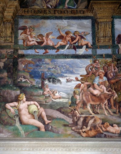 Festin de noces ou Banquet des dieux, fresque de Giulio Romano (1499-1546), mur ouest de la Chambre de Cupidon et Psyché, Palazzo Te, Mantoue (Liste du patrimoine mondial de l