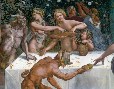 Festin de mariage ou Banquet des dieux, fresque de Giulio Romano, mur ouest de la Chambre de Cupidon et Psyché, Palazzo Te, Mantoue, Lombardie, Italie - Giulio Romano