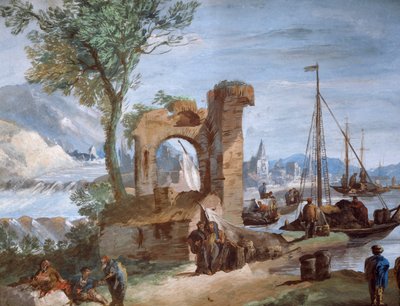 Vue imaginaire : Port avec ruines et cascade - Giuseppe Bernardino Bison