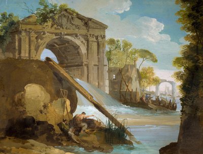 Vue imaginaire : Rivière avec pêcheurs et ruines, par Giuseppe Bernardino Bison (1762-1844) - Giuseppe Bernardino Bison
