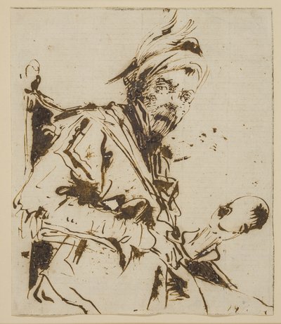 Homme assis à mi-corps portant un chapeau à plumes et tenant un crâne (?) dans sa main gauche - Giuseppe Bernardino Bison