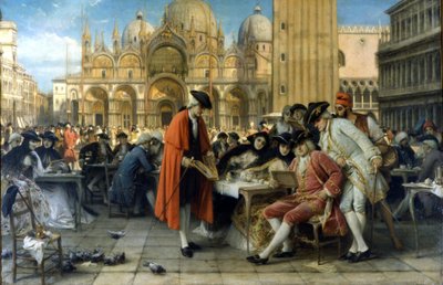 Le peintre Francesco Guardi vend ses tableaux devant le café Florian. 1892. Peinture de Giuseppe Bertini. Galleria d