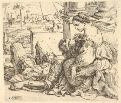 Dalila tenant les cheveux de Samson et une paire de ciseaux - Giuseppe Caletti