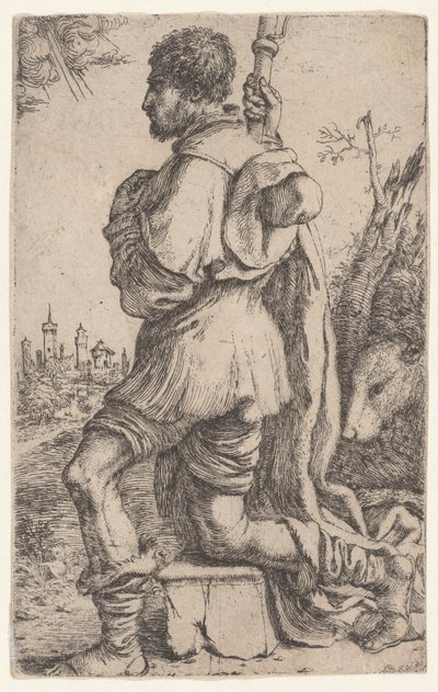 Saint Roch, agenouillé sur une pierre, vu de côté avec son chien derrière lui - Giuseppe Caletti