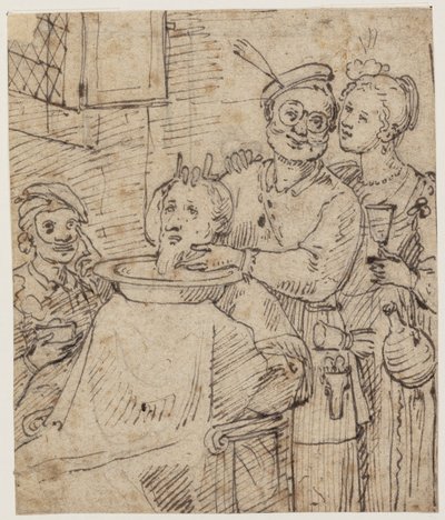 Trois personnages en costume de carnaval/comedia del arte dans une boutique de barbier se moquent d