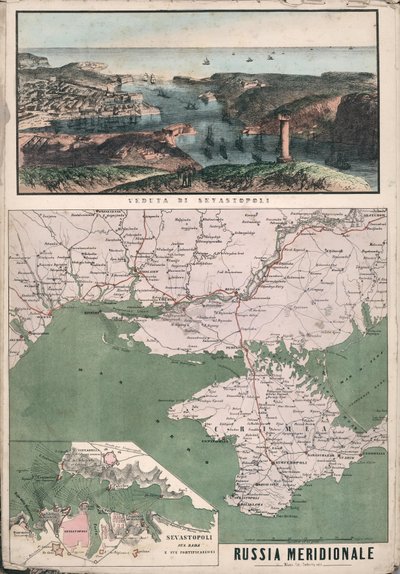 Carte du sud de la Russie avec vue sur la baie de Sébastopol et ses fortifications, 1853 - Giuseppe Civelli