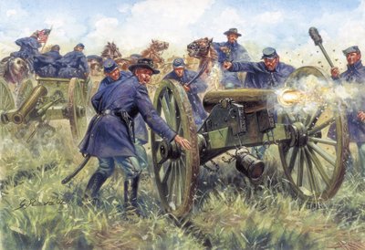 Guerre civile américaine : Soldats du Nord (Union) utilisant un fusil pendant une bataille - Illustration de Giuseppe Rava - Giuseppe Rava