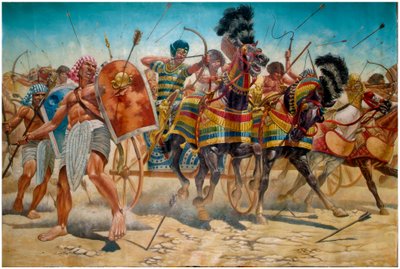 Antiquité égyptienne : représentation du pharaon Ramsès II (1304-1213 av. J.-C.) avec son armée guidant des chars lors de la bataille de Qadesh en 1274 av. J.-C. - Giuseppe Rava