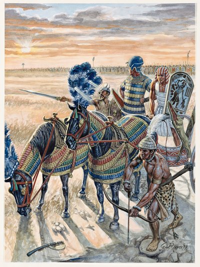 Antiquité égyptienne : représentation du pharaon Ramsès II (1304-1213 av. J.-C.) avec son armée - Giuseppe Rava