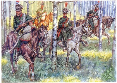 Premier Empire : Chasseurs à cheval de la Grande Armée de Napoléon I en patrouille - Illustration de Giuseppe Rava - Giuseppe Rava