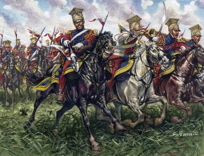 Premier Empire : les lanciers rouges ou régiment de lanciers de la Garde Impériale pendant la bataille de Waterloo le 18/06/1815 - Giuseppe Rava