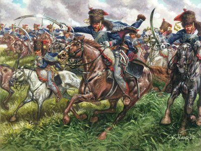 Premier Empire : la charge du 15e régiment de dragons anglais à la bataille de Waterloo le 18/06/1815 - Illustration de Giuseppe Rava - Giuseppe Rava