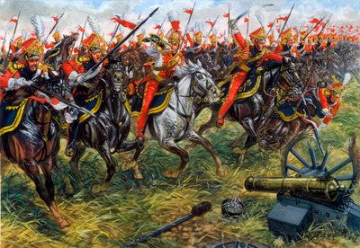 Premier Empire : 2e régiment de lanciers de la Garde Impériale de Napoléon Ier à la bataille de Waterloo 18/06/1815 - Illustration - Giuseppe Rava
