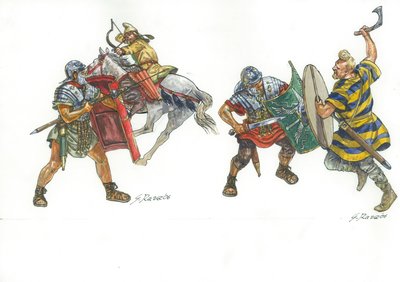 Légionnaires romains combattant un archer monté parthe et un guerrier franc - Giuseppe Rava