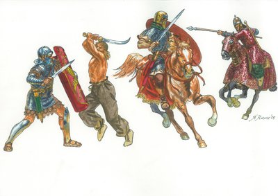 Légionnaire romain combattant un guerrier dace et cavalier romain contre un cataphracte sarmate - Giuseppe Rava