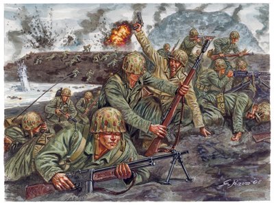 Seconde Guerre mondiale, Guerre du Pacifique : Débarquement le 19/02/1945 du corps amphibie des Marines pendant la bataille d