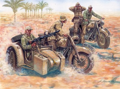 Seconde Guerre mondiale : le Deutsches Afrikakorps (DAK Afrika Korps) roulant dans le désert libyen en sidecars BMW - Giuseppe Rava